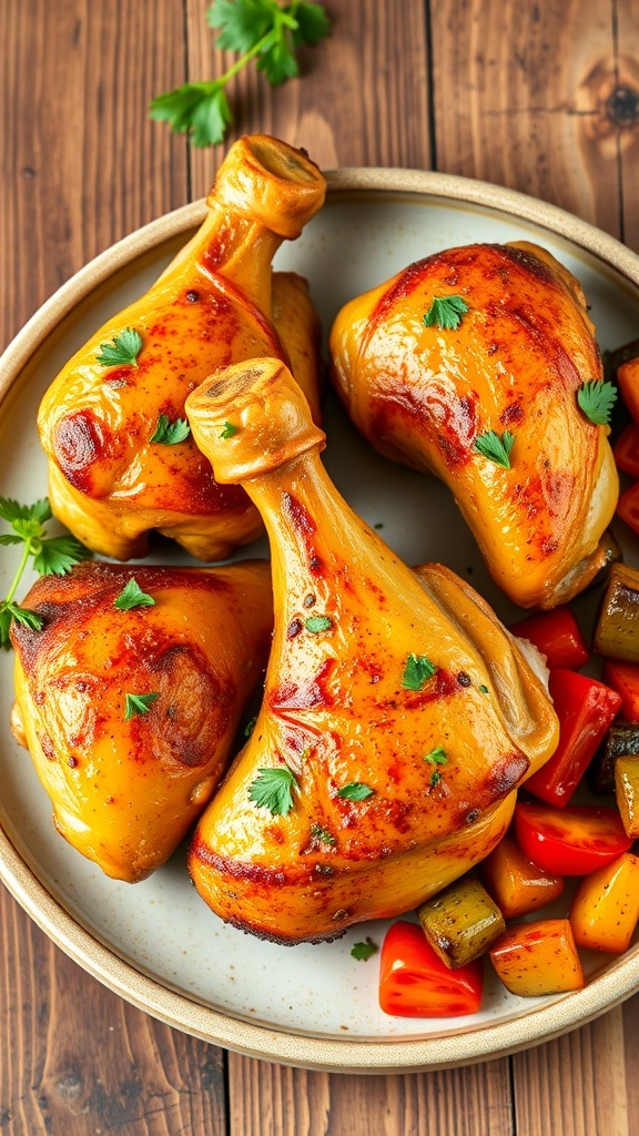 A plate of crispy baked chicken drumsticks with herbs and roasted vegetables on a rustic table.